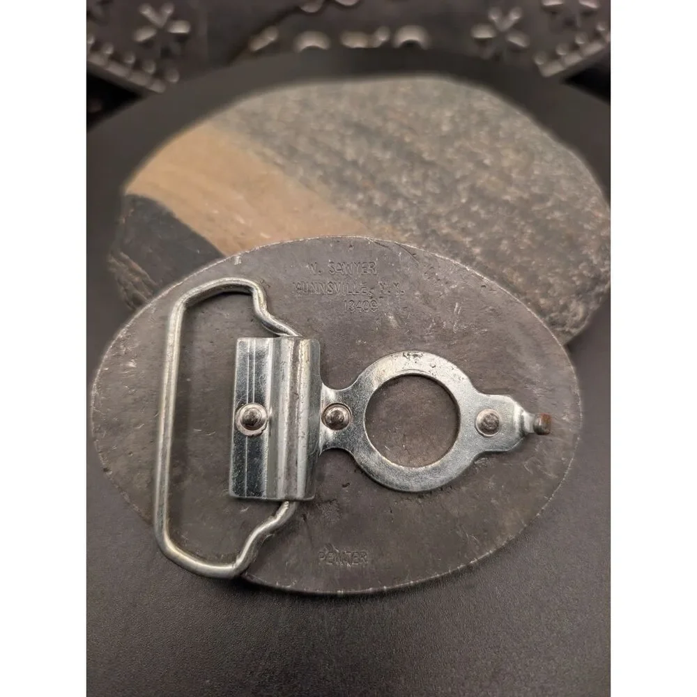 Vintage Pewter Belt Buckle – “Protect the Right to Trap” – W. Sawyer NY